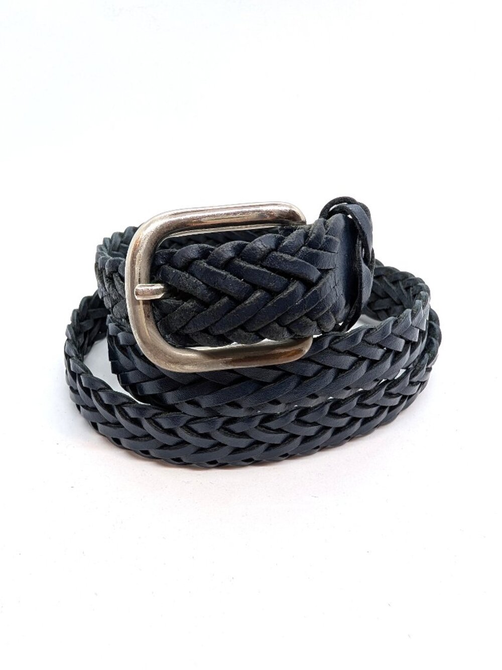 Capezio Braided Leather Belt Womens Sz M L Navy Blue Woven Silver Tone Argentina